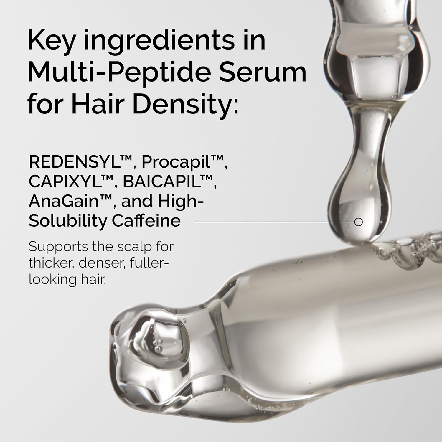 Key ingredients in The Ordinary Multi-Peptide Serum for Hair Density featuring REDENSYL™, Procapil™, CAPIXYL™, BAICAPIL™, AnaGain™, and caffeine to support thicker, fuller, healthier-looking hair.