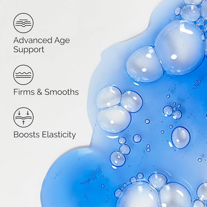 Infographic showcasing the benefits of The Ordinary Multi-Peptide + Copper Peptides 1% Serum. Highlights advanced age support, improved skin firmness and smoothness, and enhanced skin elasticity with a blue peptide-rich serum texture background. Ideal for reducing fine lines, wrinkles, and promoting a youthful-looking complexion.