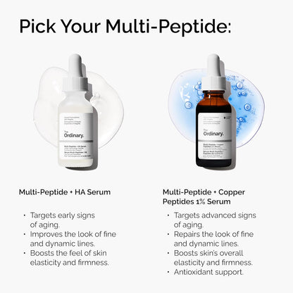 Comparison chart featuring The Ordinary Multi-Peptide + HA Serum and The Ordinary Multi-Peptide + Copper Peptides 1% Serum. Highlights the benefits of each anti-aging serum, showing the HA Serum for early signs of aging and the Copper Peptides Serum for advanced signs of aging, improved skin elasticity, firmness, wrinkle reduction, and antioxidant support.