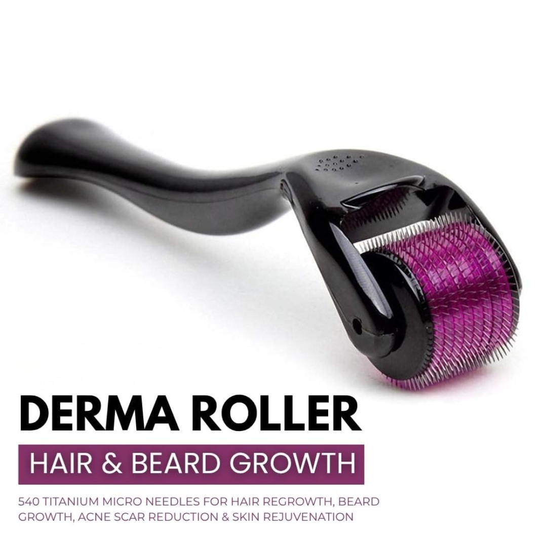 Derma roller with purple needles on a white background