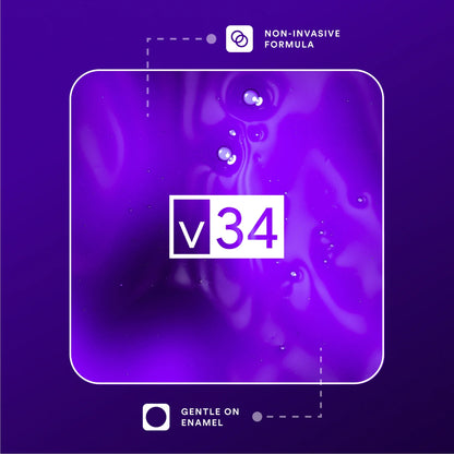 Purple liquid with 'v34' logo on a purple background