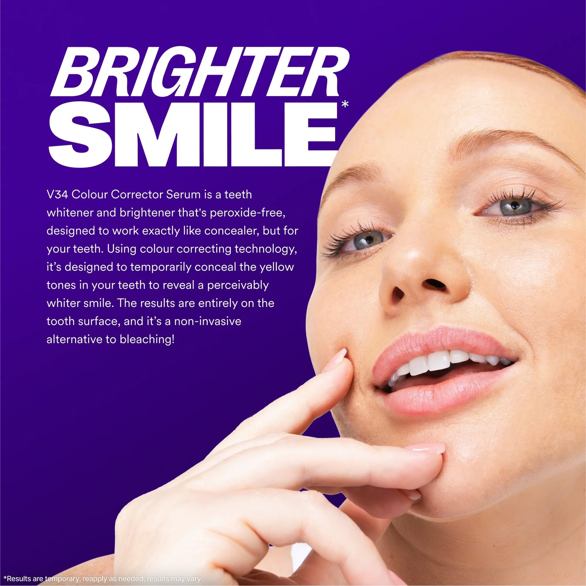 Advertisement for V34 Colour Corrector Serum with a woman's face on a purple background