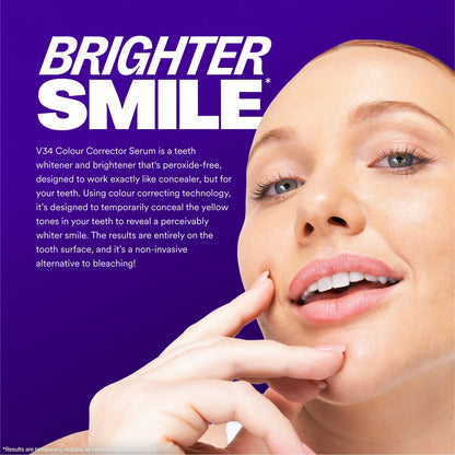 Advertisement for V34 Colour Corrector Serum with a woman's face on a purple background