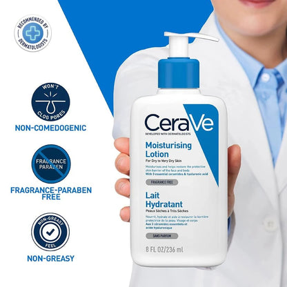 CeraVe moisturizing lotion held by a person in a lab coat with product features highlighted.