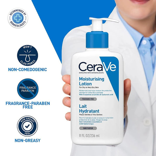 CeraVe moisturizing lotion held by a person in a lab coat with product features highlighted.