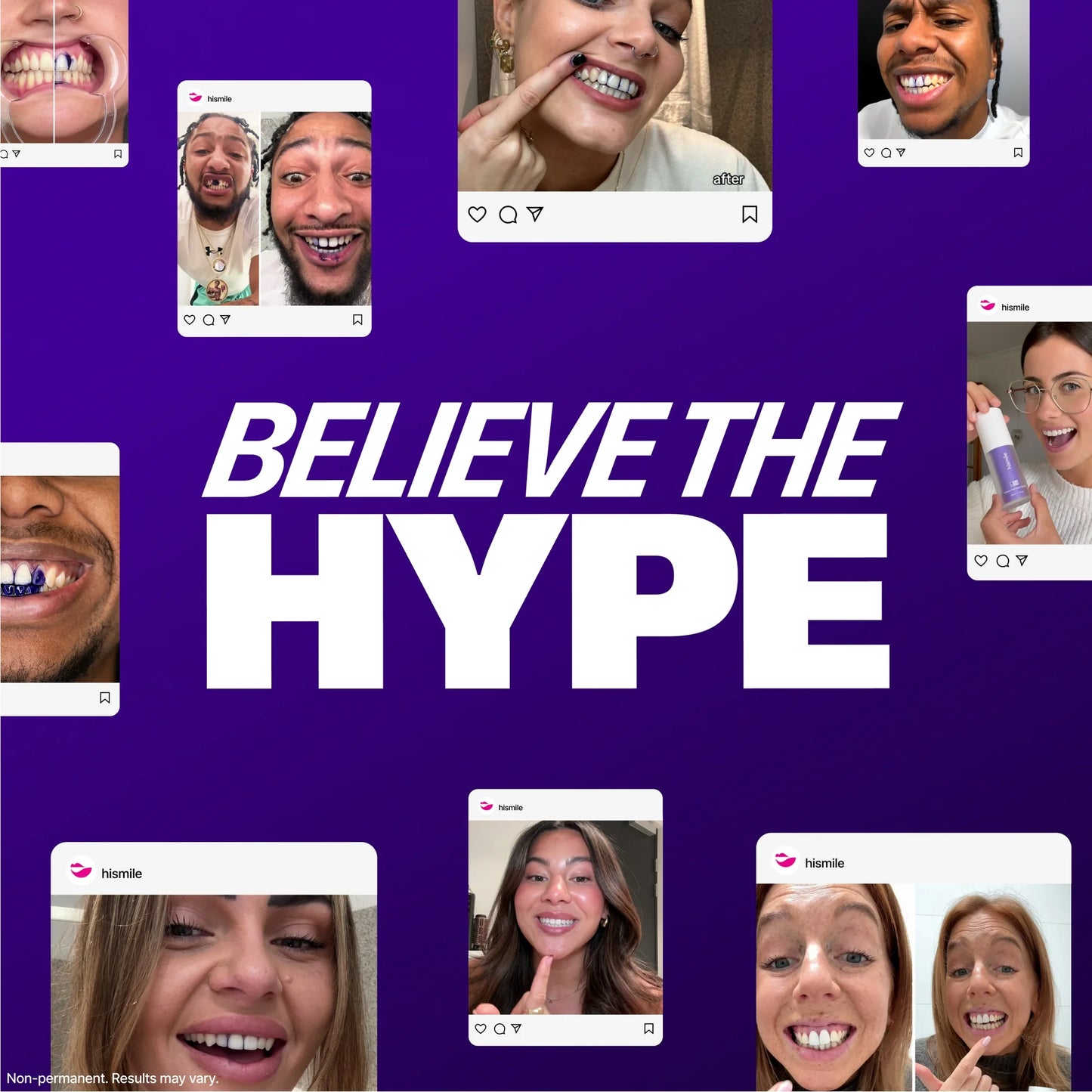 Promotional graphic with 'Believe the Hype' text and multiple smaller images of people on a purple background.
