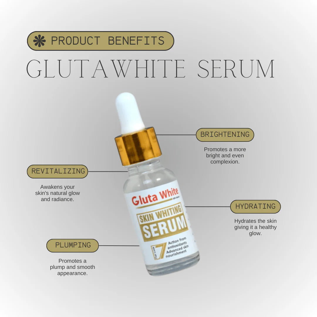 Gluta White Skin Whitening Serum bottle with product benefits on a light gray background