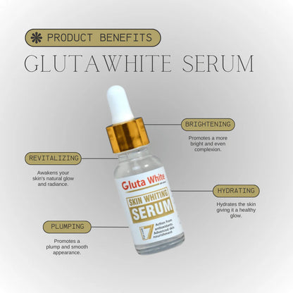 Gluta White Skin Whitening Serum bottle with product benefits on a light gray background