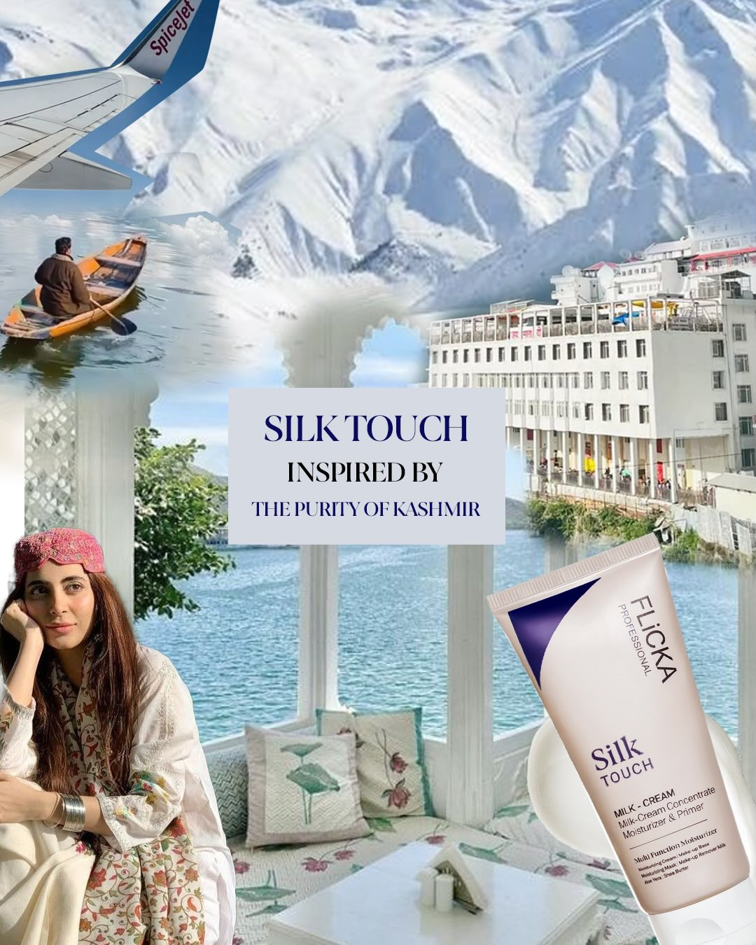 Collage of scenes from Kashmir with a Flioka Silk Touch product, mountains, and a woman.