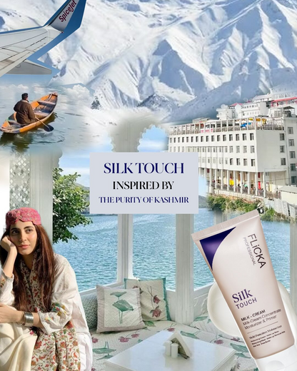 Collage of scenes from Kashmir with a Flioka Silk Touch product, mountains, and a woman.