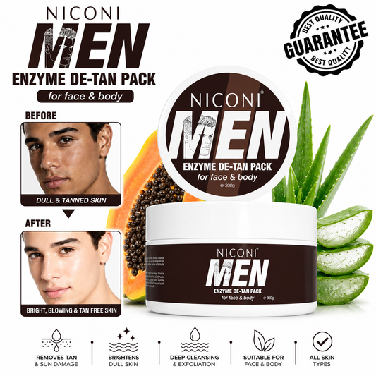 Niconi Men Enzyme De-Tan Pack for Men helps remove sun tan, deep cleanses skin, brightens complexion, and leaves the face refreshed and smooth
