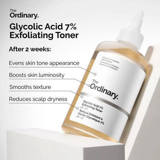 Bottle of 'The Ordinary' Glycolic Acid 7% Exfoliating Toner with text highlighting benefits on a light background